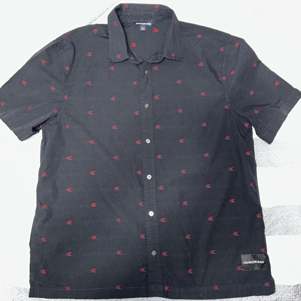 Calvin Klein Button Up Shirt Mens Large Black/Red Collared‎ Short Sleeve